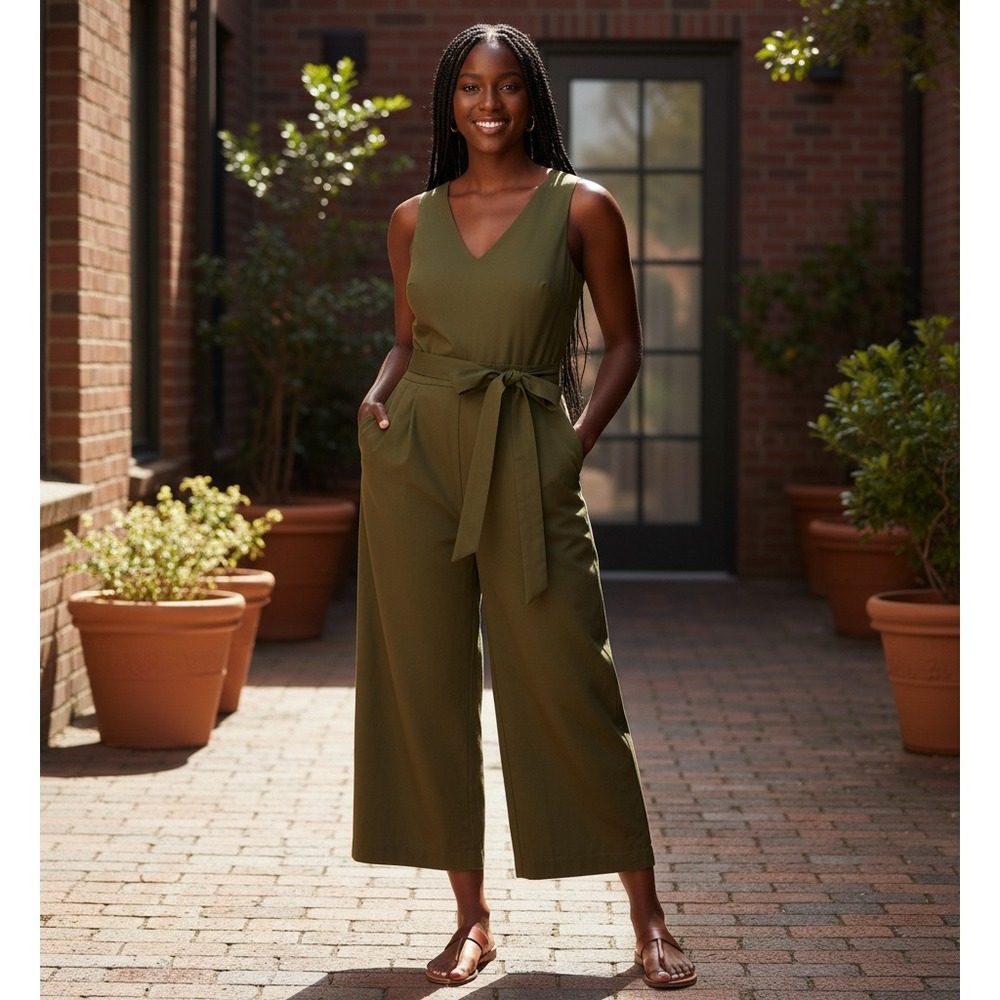 J.Crew Poplin Wrap-Tie Jumpsuit Womens 6 Green Wide Leg‎ Office Classic Summer